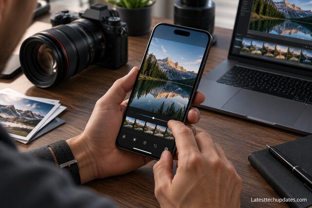iPhone 18 Pro Max used for mobile photo editing at a photographer’s desk with a professional camera and laptop.