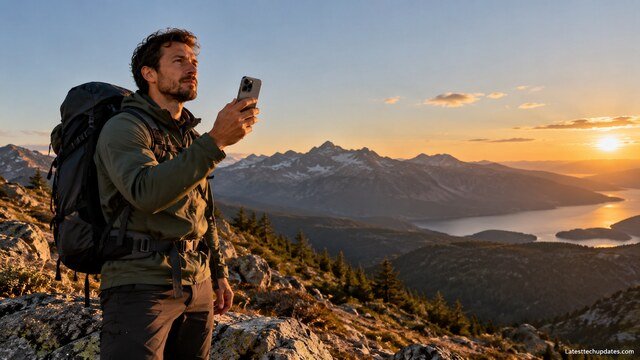 Hiker holding an iPhone 18 Pro Max in a remote mountain landscape while establishing a satellite connection.