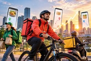 Gig workers using delivery apps to complete orders and earn money in a busy city.
