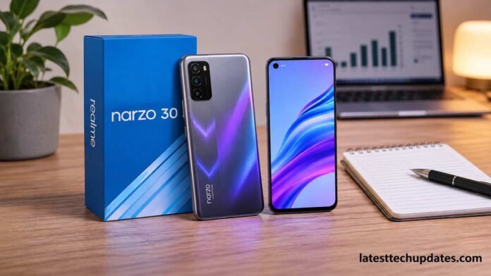 Realme Narzo 30 smartphone front and rear views with retail box on a wooden desk.