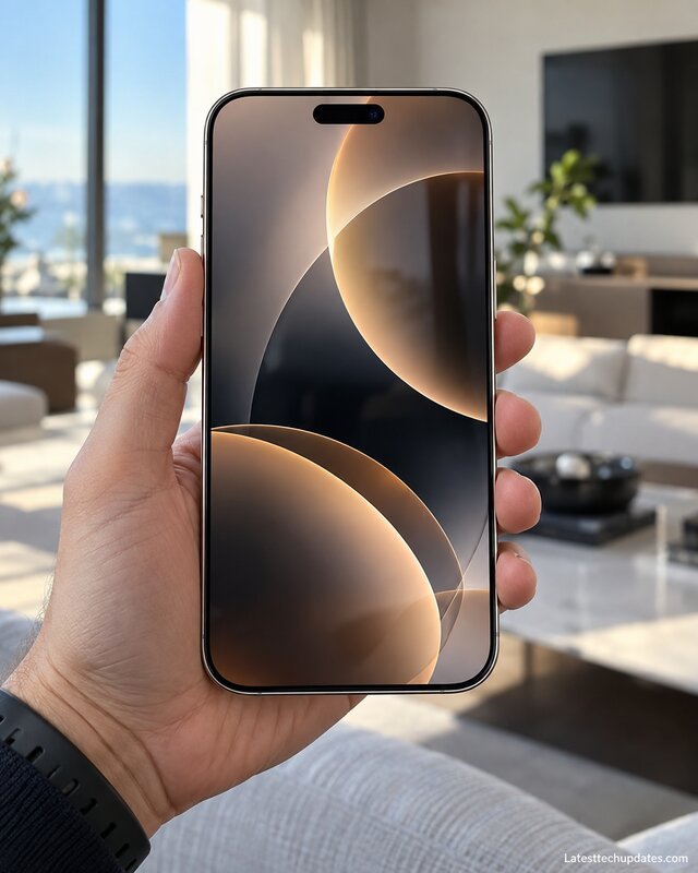 iPhone 18 Pro Max held in one hand, showing its large 6.9-inch display in a modern indoor setting.