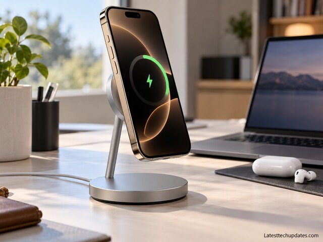 iPhone 18 Pro Max on a MagSafe-style wireless charging stand in a modern home office.