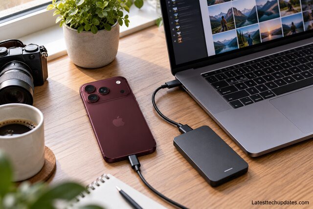 iPhone beside a MacBook and external SSD on a home-office desk for photo backup and file management.