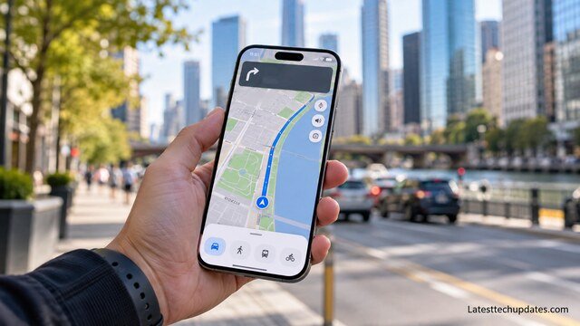 iPhone 18 Pro Max displaying GPS navigation outdoors in a modern urban environment.