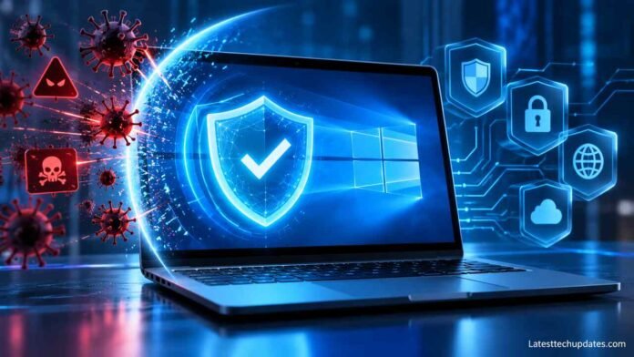 Windows 10 laptop with antivirus protection shield representing the best free and paid antivirus options in 2026.