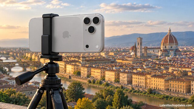 iPhone 18 Pro Max mounted on a tripod for telephoto city photography at sunset.