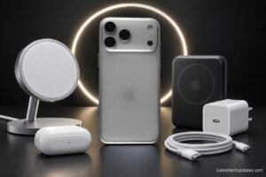 iPhone 18 Pro Max with MagSafe wireless charger, Qi2 power bank, USB-C adapter, charging cable, and AirPods.