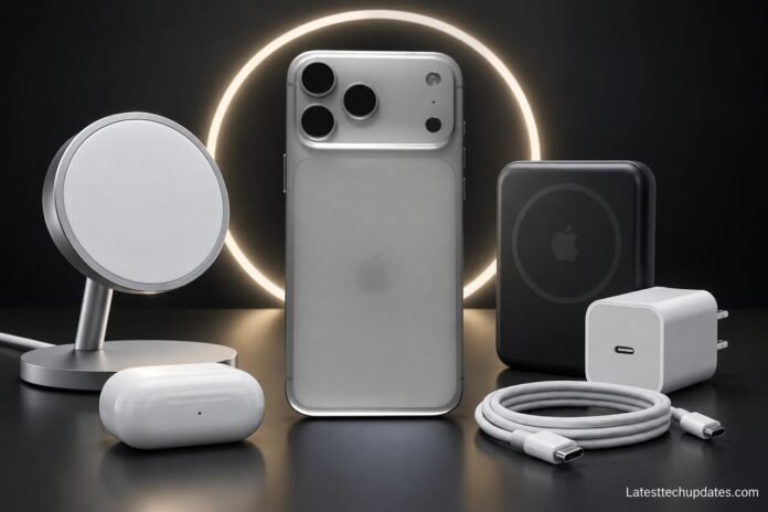 iPhone 18 Pro Max MagSafe, Qi2, and Charging Accessories: Complete Guide iPhone 18 Pro Max with MagSafe wireless charger, Qi2 power bank, USB-C adapter, charging cable, and AirPods.