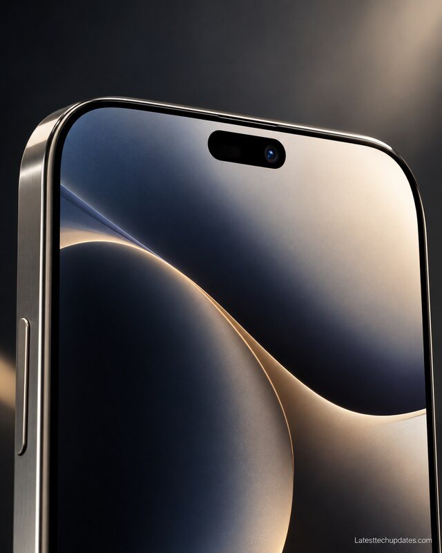iPhone 18 Pro Max concept close-up showing a smaller Dynamic Island, ultra-thin display bezels, and premium glass design.