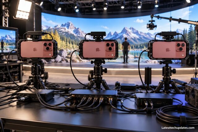 Three pink iPhone 18 Pro Max devices mounted in professional camera rigs in a virtual production studio.