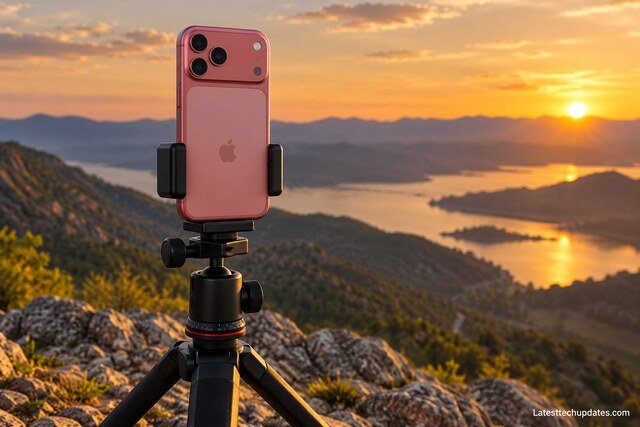 iPhone 18 Pro Max mounted on a tripod during a golden-hour outdoor photography session.