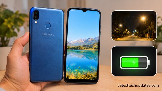 Samsung Galaxy M01s camera and battery review showing dual rear cameras, smartphone display, low-light photography, and battery performance.