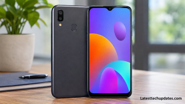 Samsung Galaxy M01s smartphone showing its 6.2-inch display, dual rear cameras, fingerprint scanner, and black design.