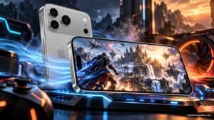 iPhone 18 Pro Max gaming performance with silver triple-camera design, immersive gameplay, GPU power and cooling effects.