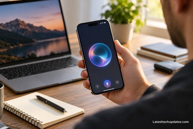 Person using an iPhone 18 Pro Max with an AI assistant at a modern home-office desk.