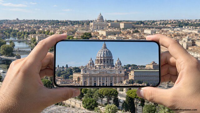 iPhone 18 Pro Max front view showing a zoomed photo of St. Peter’s Basilica in bright daylight.