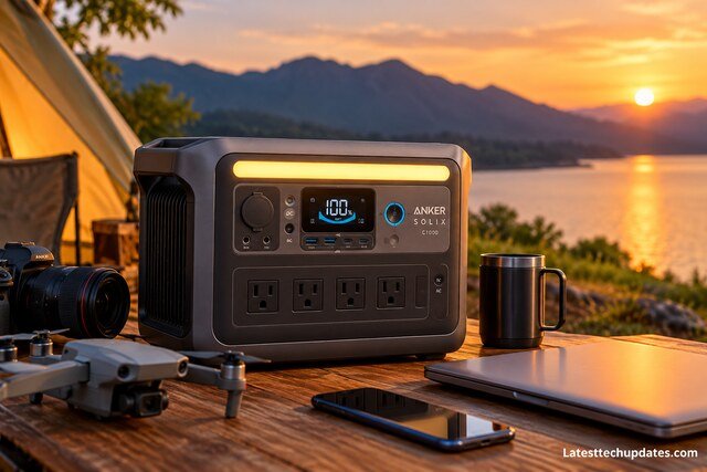Anker SOLIX C1000 portable power station at a lakeside campsite, offering fast charging and portable power for outdoor adventures.