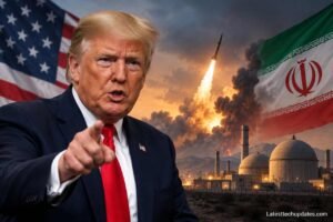 Donald Trump with US and Iranian flags, missile launch imagery, and nuclear facilities illustrating Iran war tensions.