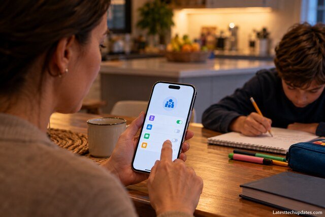 Parent adjusting parental controls on an iPhone 18 Pro Max at a kitchen table while a child studies nearby.