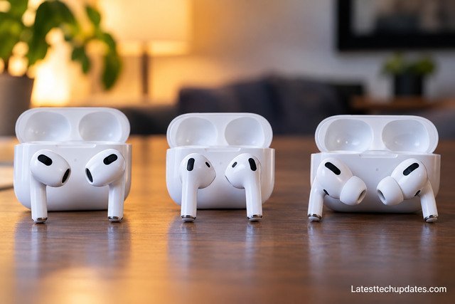 AirPods 3 vs AirPods 4 vs AirPods Pro comparison showing wireless earbuds and charging cases.
