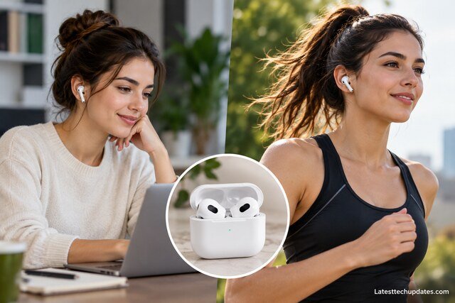 Woman wearing Apple AirPods 3 while working on a laptop and jogging outdoors, highlighting everyday comfort and workout use.