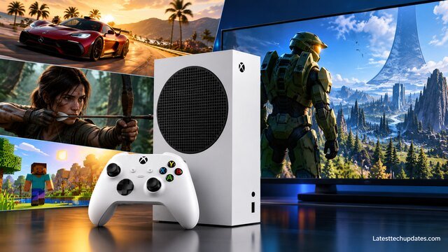 Xbox Series S gaming performance with white console, wireless controller, and popular games displayed in stunning graphics.