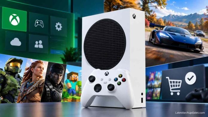 Xbox Series S console and wireless controller with popular games and gaming features in the background.