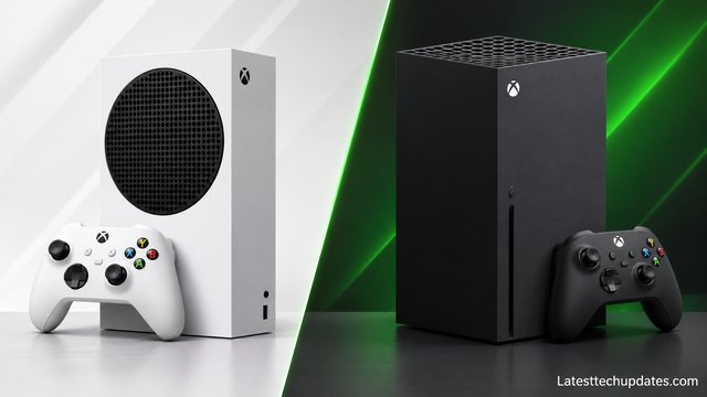 Xbox Series S vs Xbox Series X comparison showing the white Series S and black Series X consoles with matching controllers.