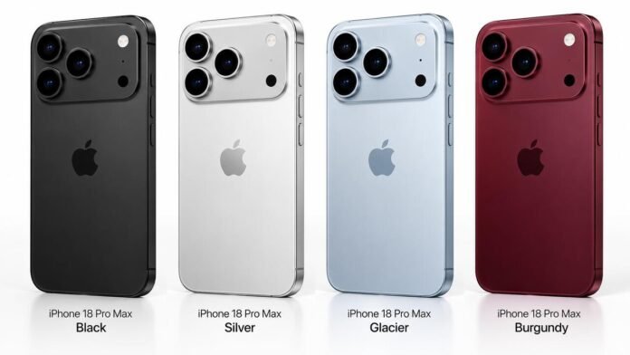iPhone 18 Pro Max Colors, Materials, Dimensions and Weight: Complete Design Guide iPhone 18 Pro Max colors in Black, Silver, Glacier, and Burgundy shown side by side.