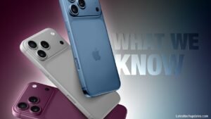 iPhone 18 Pro Max concept phones in blue, silver, and purple with triple rear cameras.