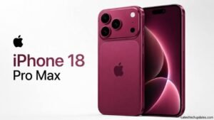 iPhone 18 Pro Max concept design in burgundy showing triple rear cameras and front display