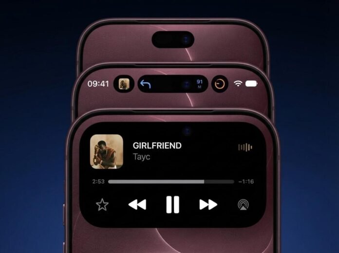iPhone 18 Pro Max Face ID and Dynamic Island concept showing a redesigned Dynamic Island and music playback interface.